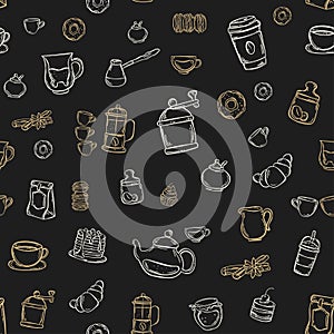 Coffee, tea and cakes seamless background pattern