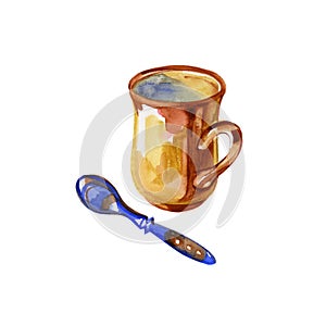 Coffee and tea ceramic cup with spoon. Watercolor painting on white background