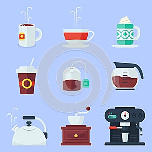 Coffee, tea, cup and devices flat icons set