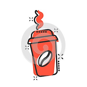 Coffee, tea cup icon in comic style. Coffee mug vector cartoon illustration pictogram. Drink business concept splash effect