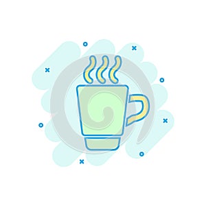 Coffee, tea cup icon in comic style. Coffee mug vector cartoon illustration pictogram. Drink business concept splash effect