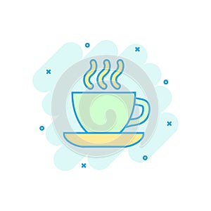 Coffee, tea cup icon in comic style. Coffee mug vector cartoon illustration pictogram. Drink business concept splash effect