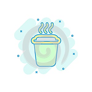 Coffee, tea cup icon in comic style. Coffee mug vector cartoon illustration pictogram. Drink business concept splash effect