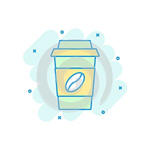 Coffee, tea cup icon in comic style. Coffee mug vector cartoon illustration pictogram. Drink business concept splash effect