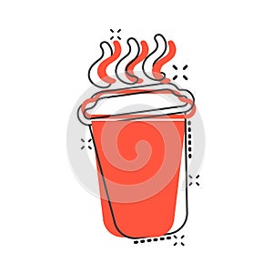 Coffee, tea cup icon in comic style. Coffee mug vector cartoon illustration pictogram. Drink business concept splash effect