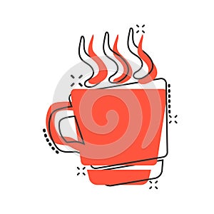 Coffee, tea cup icon in comic style. Coffee mug vector cartoon illustration pictogram. Drink business concept splash effect