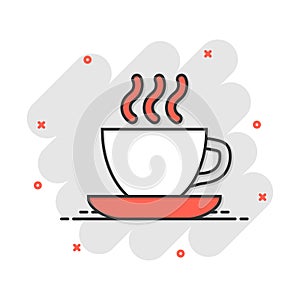 Coffee, tea cup icon in comic style. Coffee mug vector cartoon illustration pictogram. Drink business concept splash effect