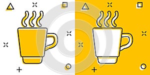 Coffee, tea cup icon in comic style. Coffee mug vector cartoon illustration pictogram. Drink business concept splash effect