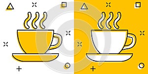 Coffee, tea cup icon in comic style. Coffee mug vector cartoon illustration pictogram. Drink business concept splash effect