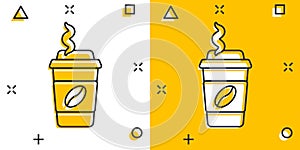 Coffee, tea cup icon in comic style. Coffee mug vector cartoon illustration pictogram. Drink business concept splash effect