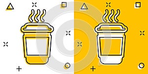 Coffee, tea cup icon in comic style. Coffee mug vector cartoon illustration pictogram. Drink business concept splash effect