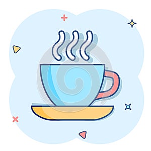 Coffee, tea cup icon in comic style. Coffee mug vector cartoon illustration pictogram. Drink business concept splash effect