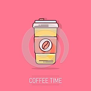 Coffee, tea cup icon in comic style. Coffee mug vector cartoon illustration pictogram. Drink business concept splash effect