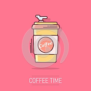 Coffee, tea cup icon in comic style. Coffee mug vector cartoon illustration pictogram. Drink business concept splash effect