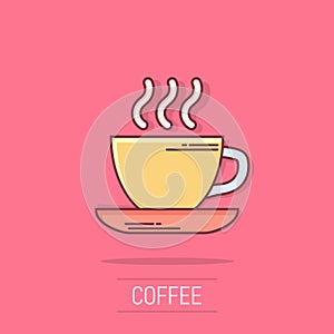 Coffee, tea cup icon in comic style. Coffee mug vector cartoon illustration pictogram. Drink business concept splash effect