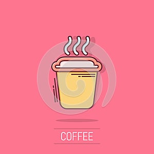 Coffee, tea cup icon in comic style. Coffee mug vector cartoon illustration pictogram. Drink business concept splash effect