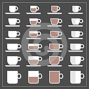 Coffee tea cup mug empty half full graphic icon set on dark