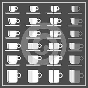 Coffee tea cup mug graphic striped icon set on dark