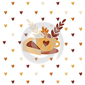 Coffee or tea cup with pie on autumn leaves and hearts background. Autumn drink