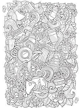 Coffee and tea doodle background in vector with paisley.
