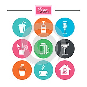 Coffee, tea icons. Alcohol drinks signs.