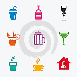 Coffee, tea icons. Alcohol drinks signs.