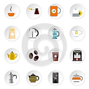 Coffee and tea icons set, flat style