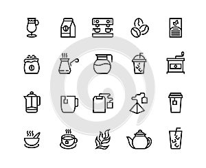 Coffee and tea line icons. Latte espresso and cappuccino coffee cups, mugs and take away cups with tea. Vector coffee