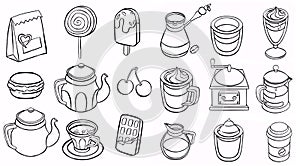 Coffee and tea line icons. Latte espresso and cappuccino coffee cups, symbols mugs with steam . illustrations icon