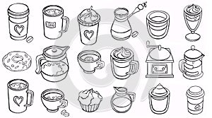 Coffee and tea line icons. Latte espresso and cappuccino coffee cups, symbols mugs with steam . illustrations icon