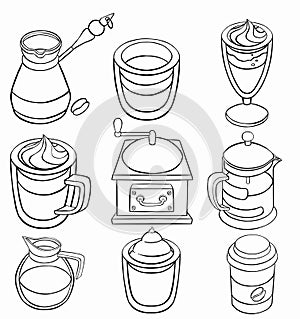 Coffee and tea line icons. Latte espresso and cappuccino coffee cups, symbols mugs with steam . illustrations icon