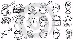 Coffee and tea line icons. Latte espresso and cappuccino coffee cups, symbols mugs with steam . illustrations icon