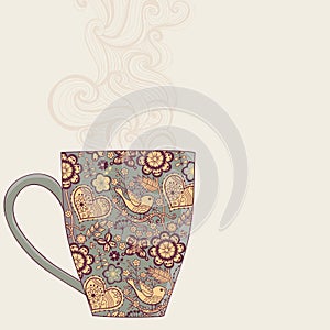 coffee and tea mug with floral pattern. Cup background. Hot drink in the beautiful mug.