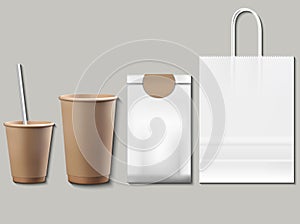 Coffee or tea packaging products mock up. Cups, container, paper bags Vector realistic 3ds