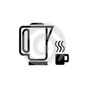 Coffee or tea pot and steaming cup of beverage. Hot drink concept. Black flat icon. Vector isolated on white.