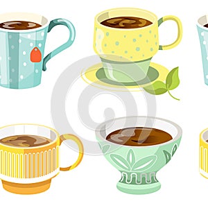 Coffee or tea poured in cup seamless pattern vector.