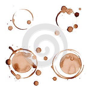 Coffee and tea stains from a cup with drops, splashes isolated on a white background, hand-drawn.