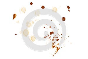 Coffee or tea stains and traces - modern vector isolated clip art on white background. Splashes of cups, mugs and drops. Use this photo