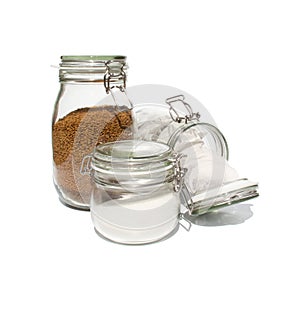 Coffee, tea and sugar in glass preserve jars