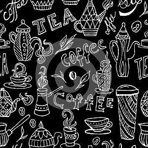 Coffee and tea. Vintage hand drawn doodle seamless pattern on chalkboard.