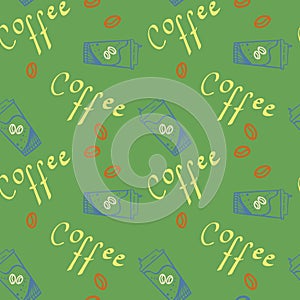 Coffee text and coffee cup take away with beans seamless pattern for design, wrapping paper or decoration. vector illustration