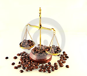 Coffee theme with brass scales still life on white background