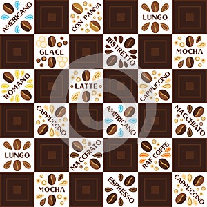 Coffee theme staggered background with design elements in simple geometric style