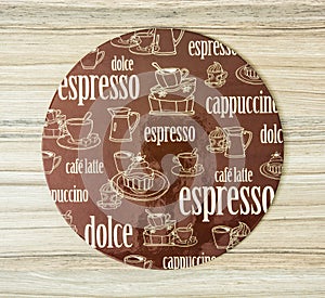 Coffee themed round tray on the wooden background