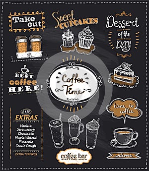 Coffee time chalkboard designs set for cafe or restaurant.