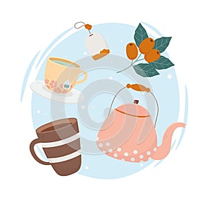 Coffee time, coffee cup tea cup teapot tea bag fresh beverage