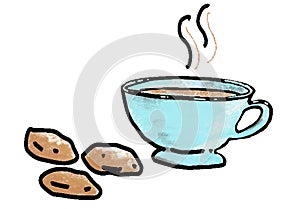 Coffee time collection in hand drawn style, cup with hot drink, blue cup isolated on background Vector illustration