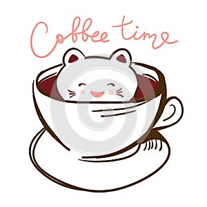 Coffee time. Cute Kawai cat in cup of froth art coffee, isolated on white background. Latte Art 3D. milk foam top on the cup of