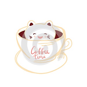 Coffee time. Cute Kawai cat in cup of froth art coffee, isolated on white background. Latte Art 3D. milk foam top on the cup of