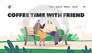 Coffee Time with Friend Landing Page Template. Old Women Outdoor Sparetime. Senior Female Characters Sitting on Bench